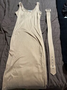 Stiletto Ribbed Midi Tank Dress with Matching Tan Belt